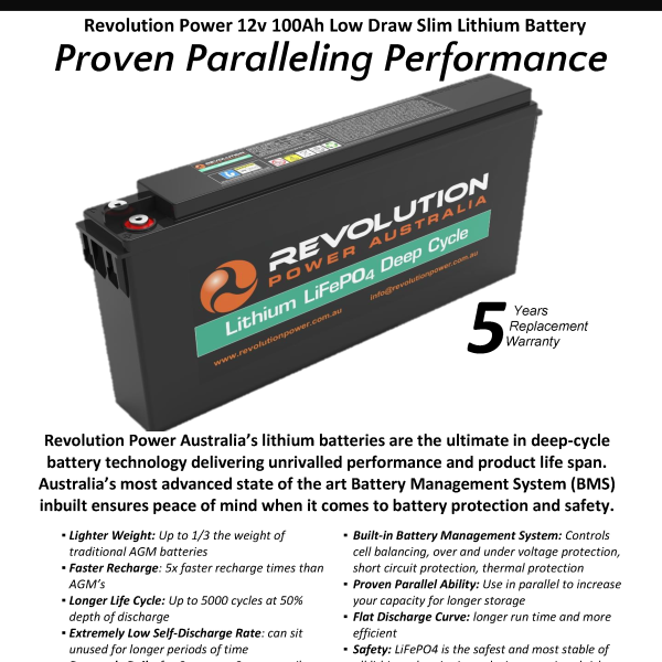 12v 100Ah Low Draw SLIM Lithium Battery Specification 2023 Rev3 Page 1