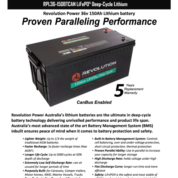 36v150Ah CANBUS Lithium Battery Specifiation Sheet Page 1